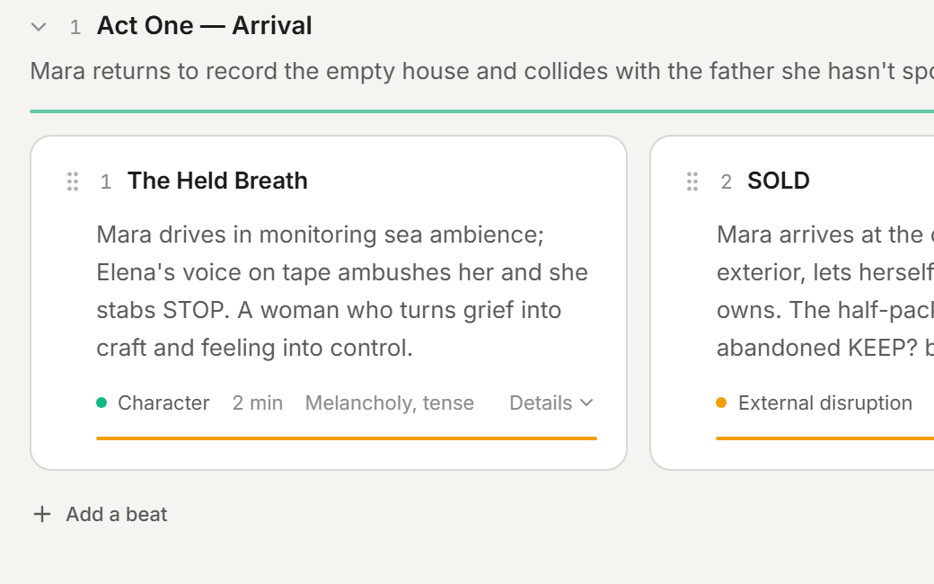 Beat Board card with its beat type, duration and mood tags